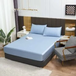 Crystal Blue Solid Color TENCEL™ Lyocell Fitted Sheet -qbedding store Crystal Blue TENCEL Lyocell Fitted Sheet 1