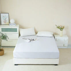 Eta Mist White Cotton Fitted Sheet -qbedding store DSC06581